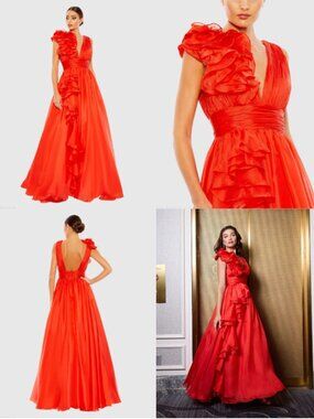Mac Duggal Red Ruffle Shoulder V-Neck Chiffon Gown